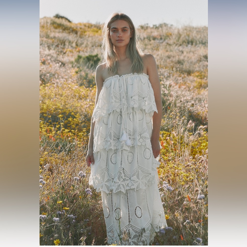 Strapless Tiered Lace Maxi Dress in White